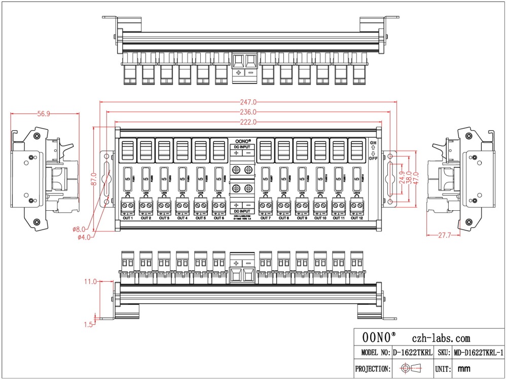 DC 52 Amp 12 Channel Power Distribution Module, Paddle Switch, Fused, Pluggable Side Wiring Terminal Block, DIN Rail and Screw Mount