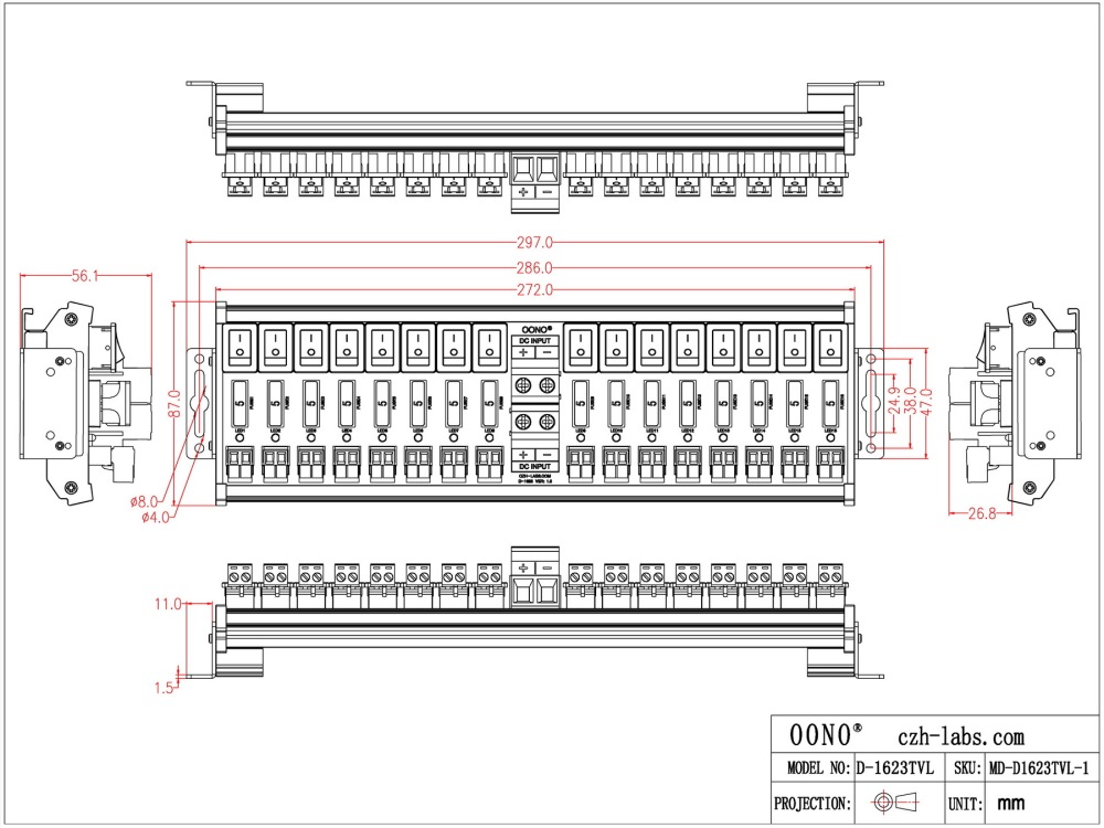 DC 52 Amp 16 Channel Power Distribution Module, Rocker Switch, Fused, Pluggable Top Wiring Terminal Block, DIN Rail and Screw Mount