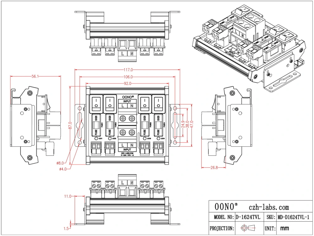 AC 52 Amp 4 Channel Power Distribution Module, Rocker Switch, Fused ...