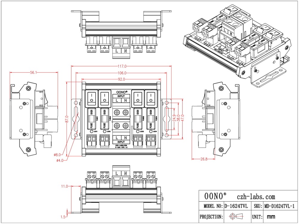 AC 52 Amp 4 Channel Power Distribution Module, Rocker Switch, Fused, Pluggable Top Wiring Terminal Block, DIN Rail and Screw Mount