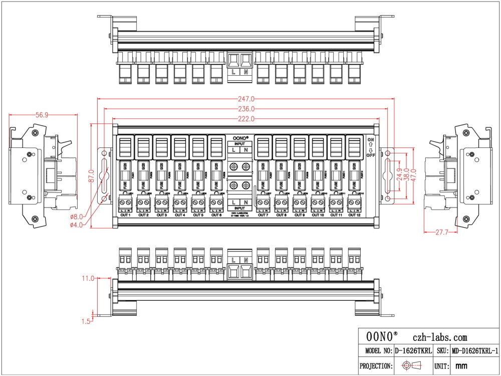 AC 52 Amp 12 Channel Power Distribution Module, Paddle Switch, Fused, Pluggable Side Wiring Terminal Block, DIN Rail and Screw Mount