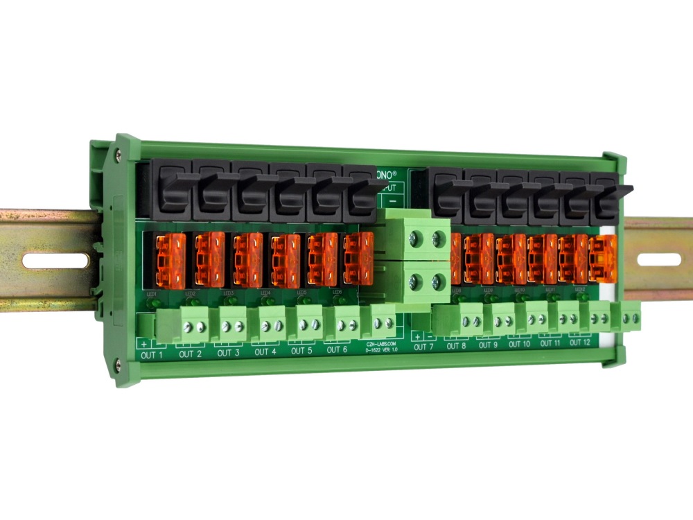 DC 52 Amp 12 Channel Power Distribution Module, Paddle Switch, Fused, Pluggable Side Wiring Terminal Block, DIN Rail and Screw Mount