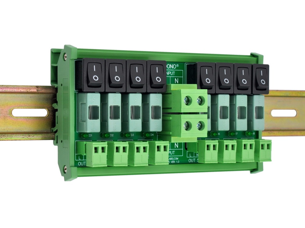 AC 52 Amp 8 Channel Power Distribution Module, Rocker Switch, Fused, Pluggable Top Wiring Terminal Block, DIN Rail and Screw Mount
