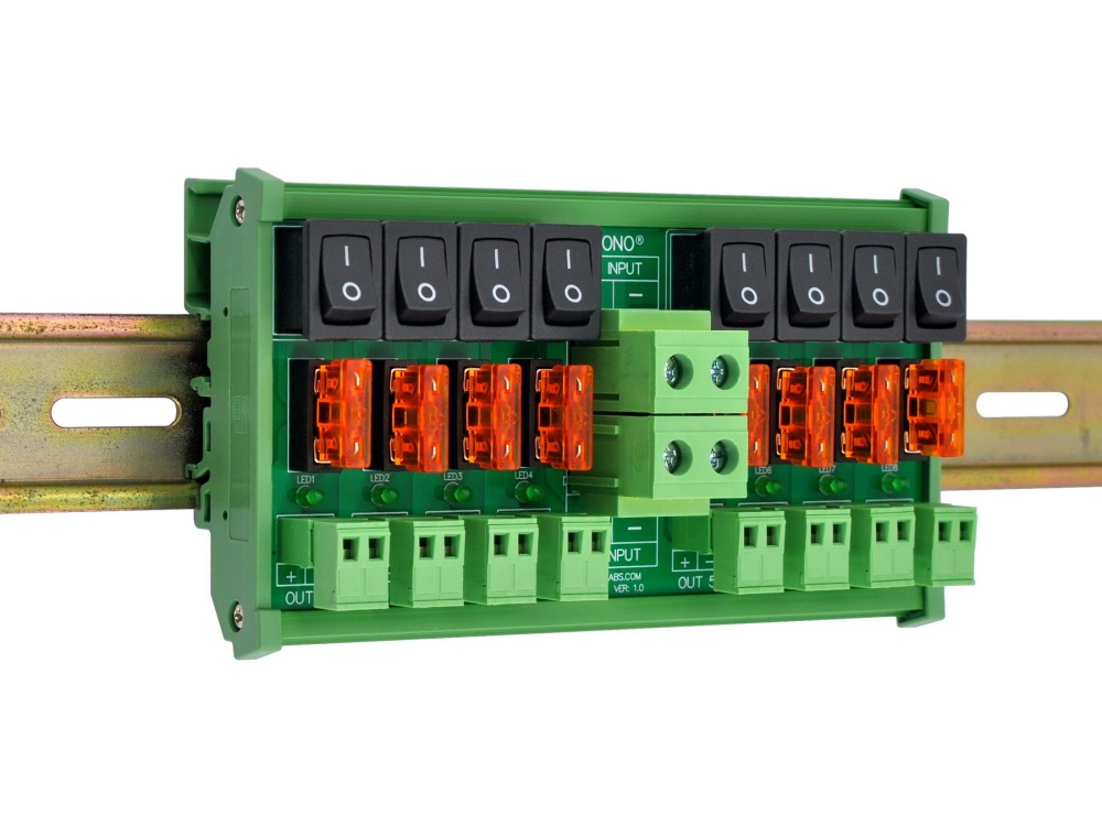 DC 52 Amp 8 Channel Power Distribution Module, Rocker Switch, Fused, Pluggable Top Wiring Terminal Block, DIN Rail and Screw Mount