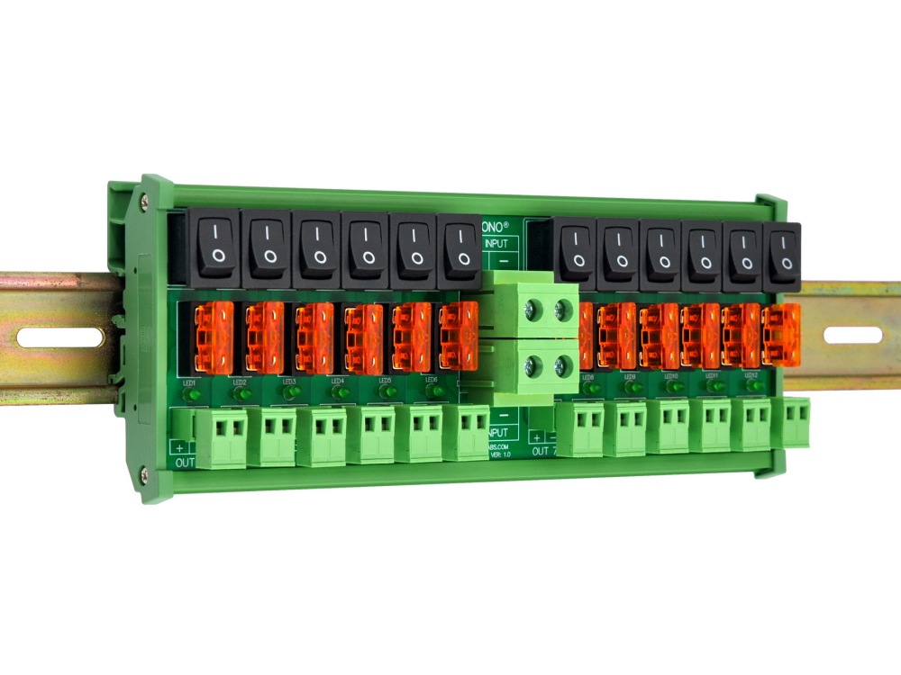 DC 52 Amp 12 Channel Power Distribution Module, Rocker Switch, Fused, Pluggable Top Wiring Terminal Block, DIN Rail and Screw Mount