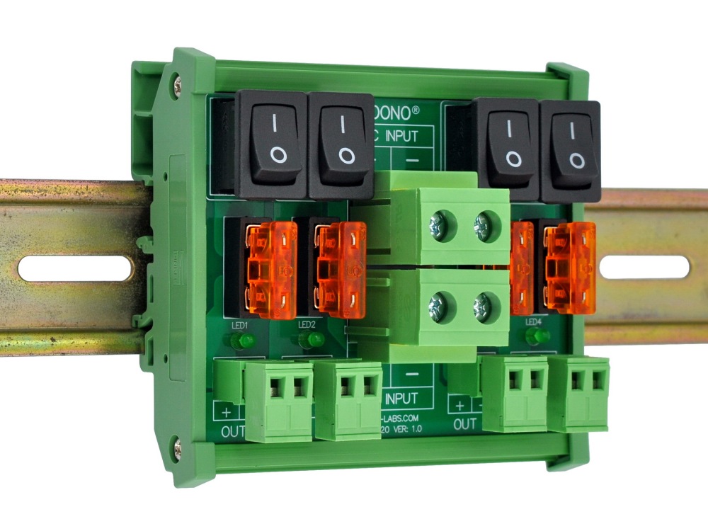DC 52 Amp 4 Channel Power Distribution Module, Rocker Switch, Fused, Pluggable Top Wiring Terminal Block, DIN Rail and Screw Mount
