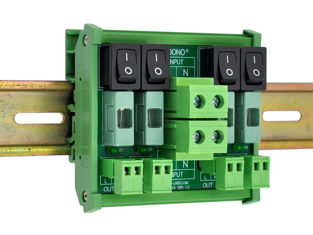 AC 52 Amp 4 Channel Power Distribution Module, Rocker Switch, Fused, Pluggable Top Wiring Terminal Block, DIN Rail and Screw Mount