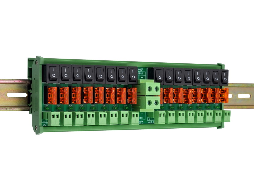 DC 52 Amp 16 Channel Power Distribution Module, Rocker Switch, Fused, Pluggable Top Wiring Terminal Block, DIN Rail and Screw Mount