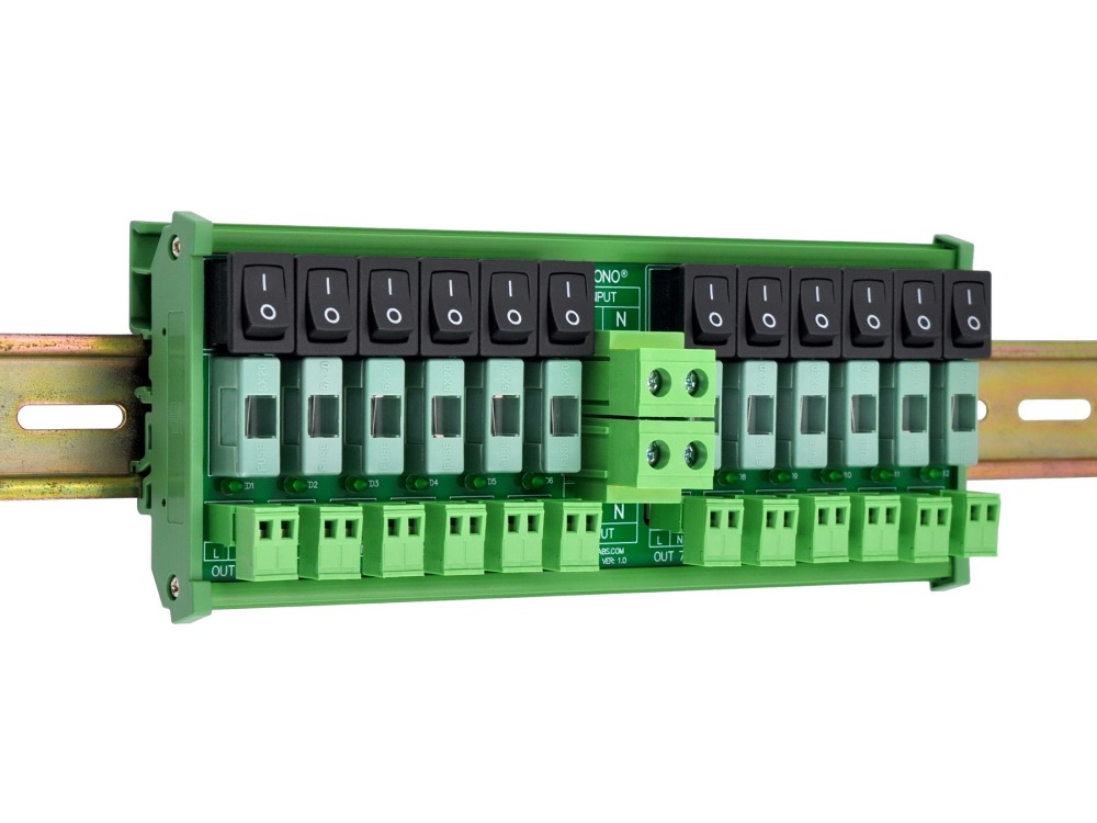 AC 52 Amp 12 Channel Power Distribution Module, Rocker Switch, Fused, Pluggable Top Wiring Terminal Block, DIN Rail and Screw Mount
