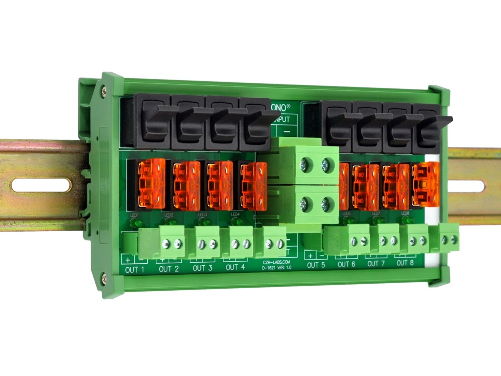 DC 52 Amp 8 Channel Power Distribution Module, Paddle Switch, Fused, Pluggable Side Wiring Terminal Block, DIN Rail and Screw Mount