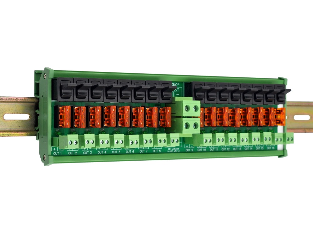 DC 52 Amp 16 Channel Power Distribution Module, Paddle Switch, Fused, Pluggable Side Wiring Terminal Block, DIN Rail and Screw Mount