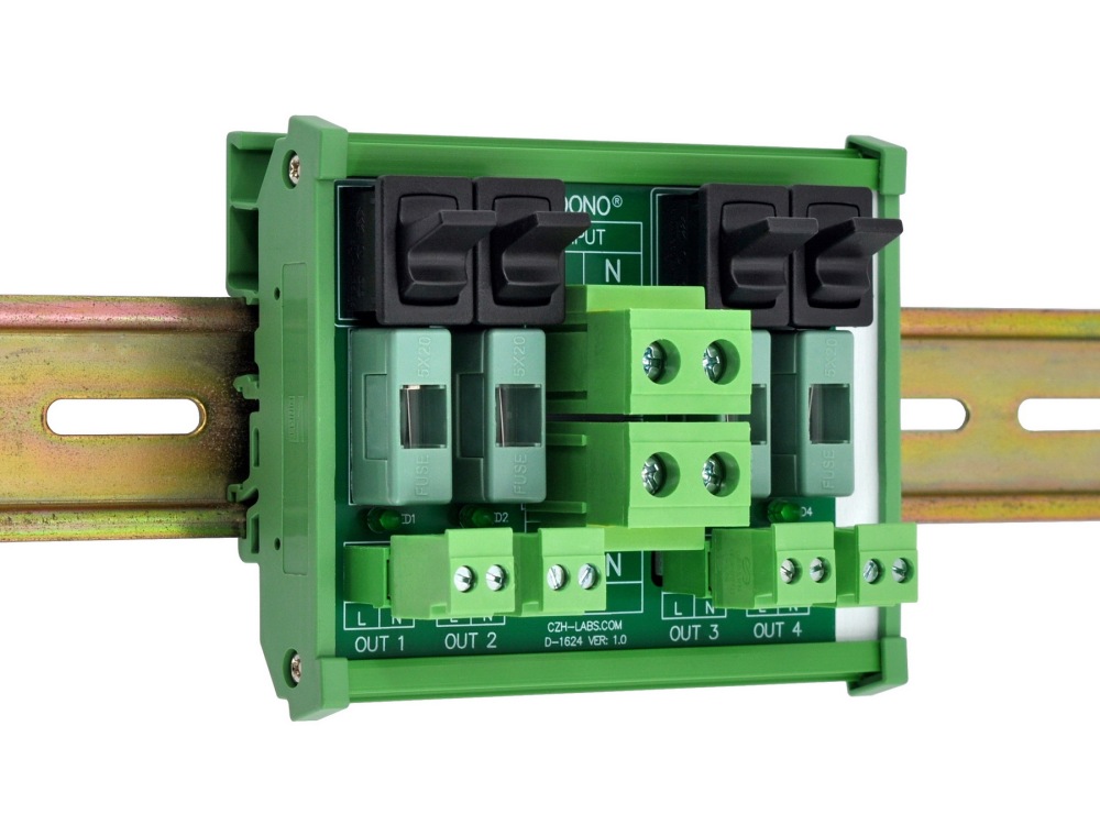 AC 52 Amp 4 Channel Power Distribution Module, Paddle Switch, Fused, Pluggable Side Wiring Terminal Block, DIN Rail and Screw Mount