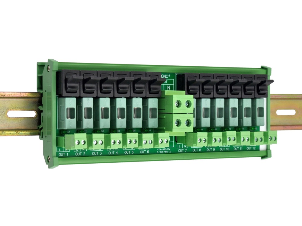 AC 52 Amp 12 Channel Power Distribution Module, Paddle Switch, Fused, Pluggable Side Wiring Terminal Block, DIN Rail and Screw Mount