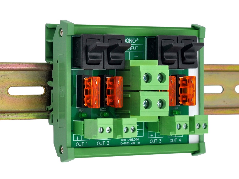 DC 52 Amp 4 Channel Power Distribution Module, Paddle Switch, Fused, Pluggable Side Wiring Terminal Block, DIN Rail and Screw Mount