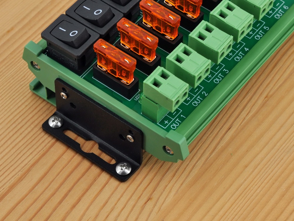 DC 52 Amp 12 Channel Power Distribution Module, Rocker Switch, Fused, Pluggable Top Wiring Terminal Block, DIN Rail and Screw Mount