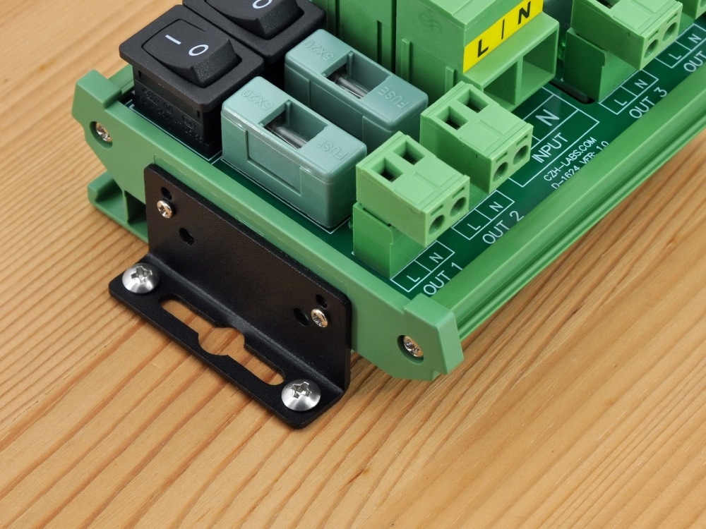 AC 52 Amp 4 Channel Power Distribution Module, Rocker Switch, Fused, Pluggable Top Wiring Terminal Block, DIN Rail and Screw Mount