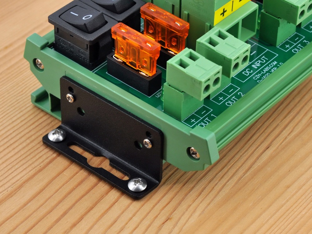 DC 52 Amp 4 Channel Power Distribution Module, Rocker Switch, Fused, Pluggable Top Wiring Terminal Block, DIN Rail and Screw Mount
