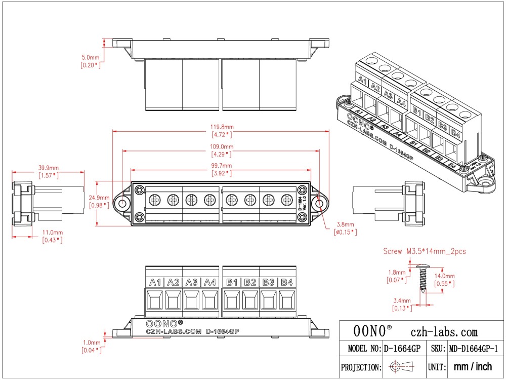 52Amp 600V 2x4 Position Terminal Block Distribution Module. OONO D-1664GP