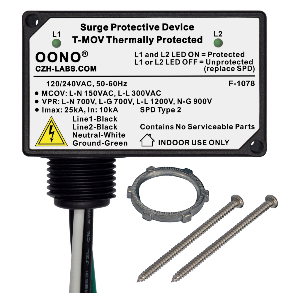 Split-phase 120/240VAC SPD Surge Protective Device, T-MOV Thermally Protected
