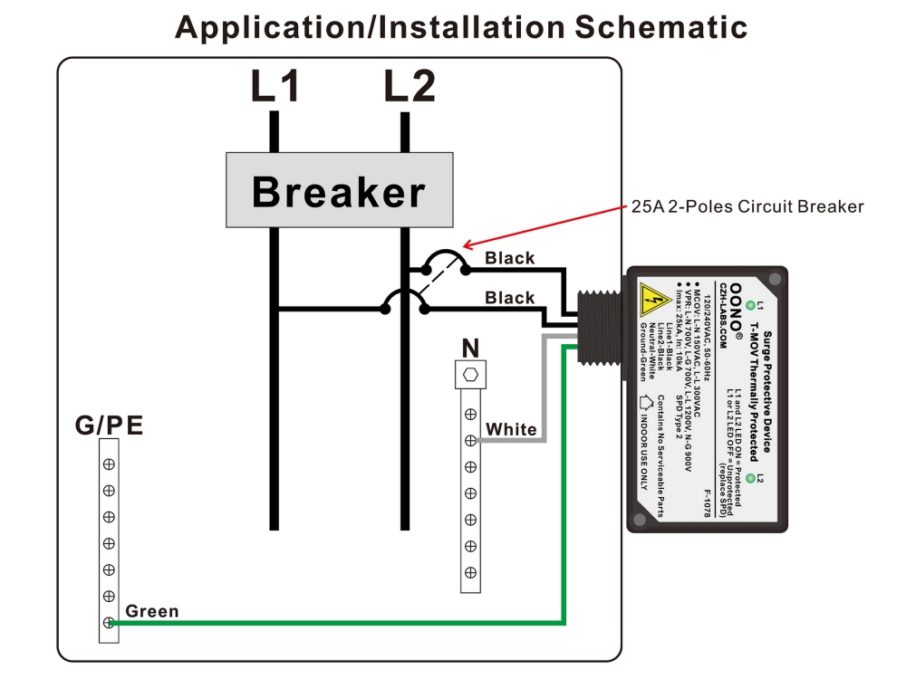 Split-phase 120/240VAC SPD Surge Protective Device, T-MOV Thermally Protected