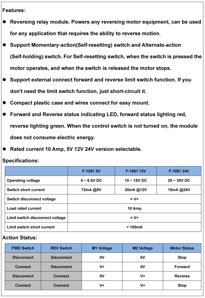 24V 10Amp Reversing Relay Module, Support Limit Switch, for Motor / Linear Actuator