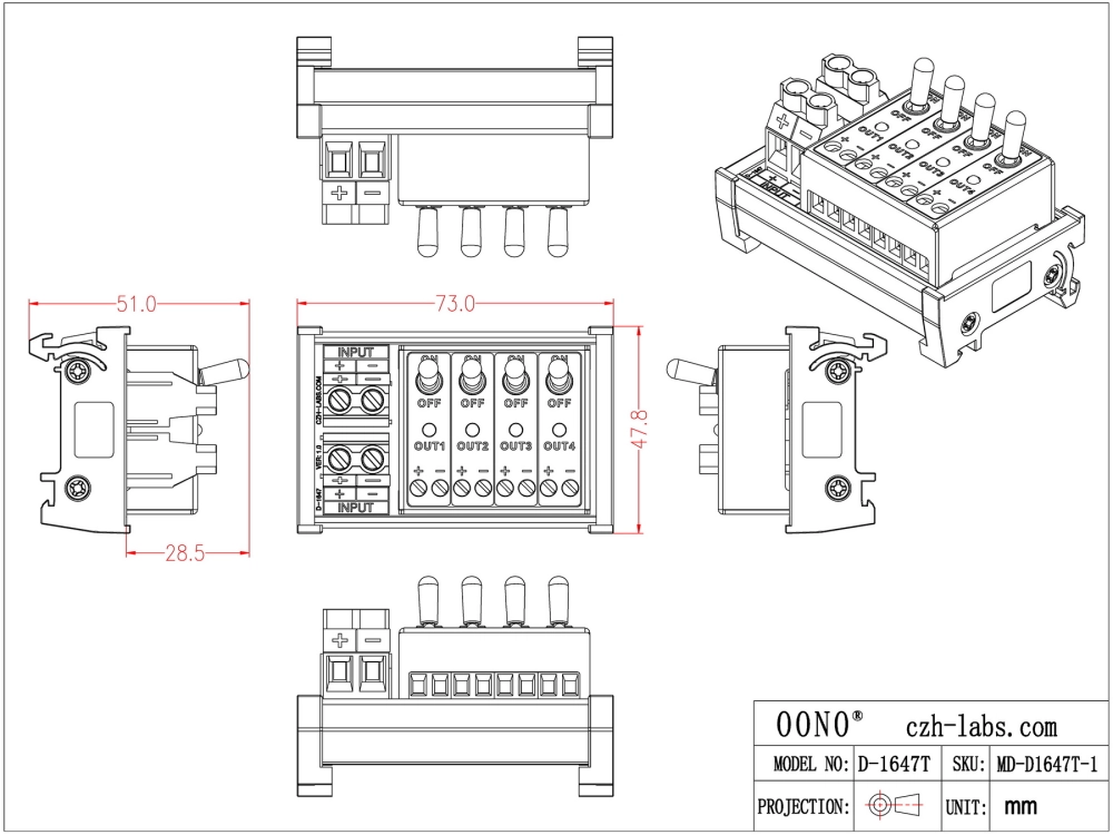 DC 4 Channel Toggle Switch Power Distribution Module, DIN Rail Mount