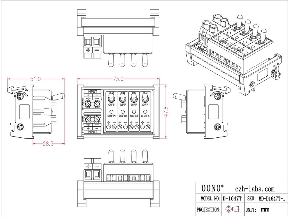 DC 4 Channel Toggle Switch Power Distribution Module, DIN Rail Mount