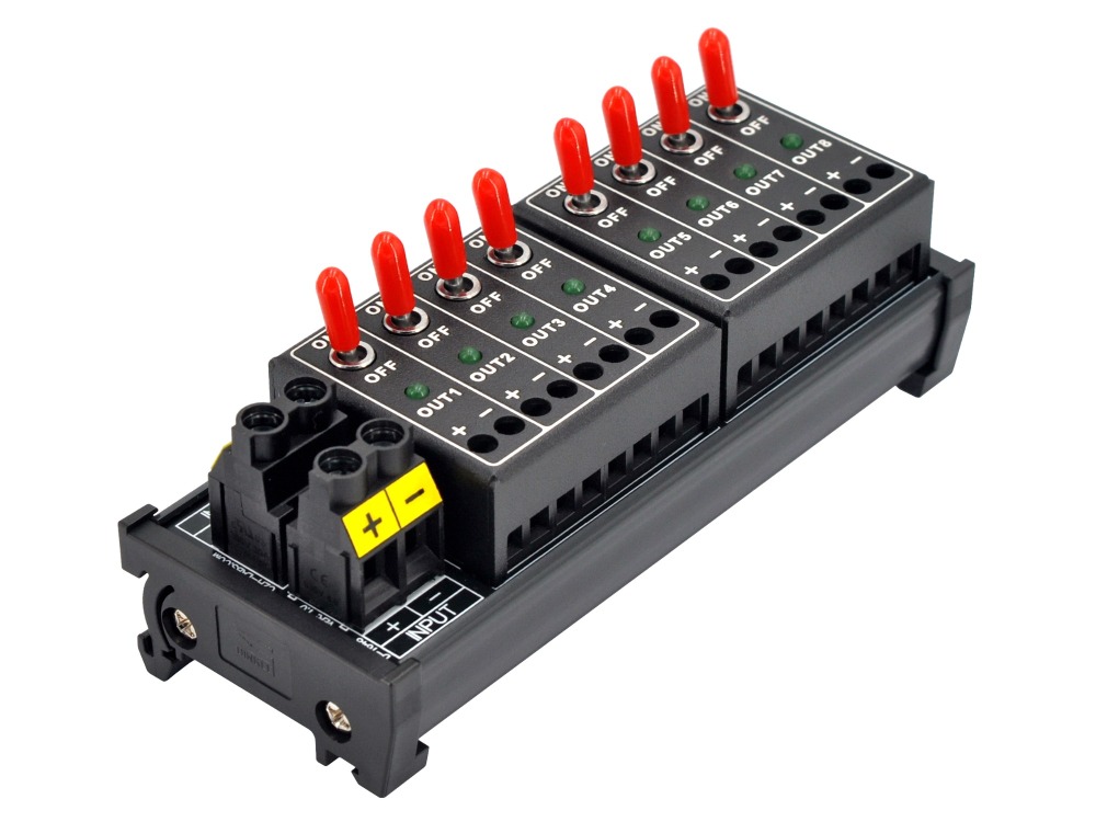 DC 8 Channel Toggle Switch Power Distribution Module, DIN Rail Mount