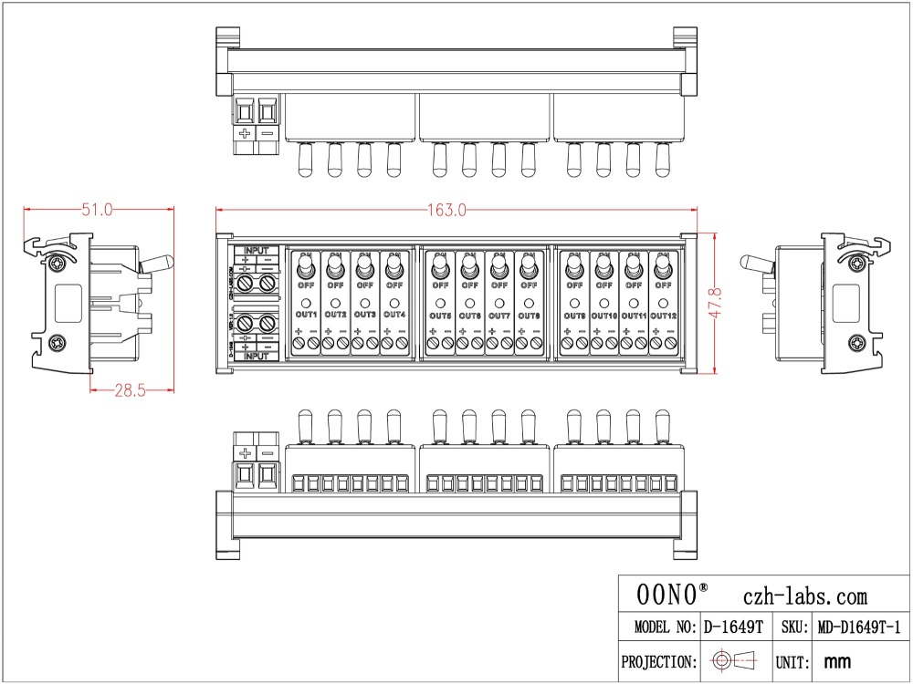 DC 12 Channel Toggle Switch Power Distribution Module, DIN Rail Mount