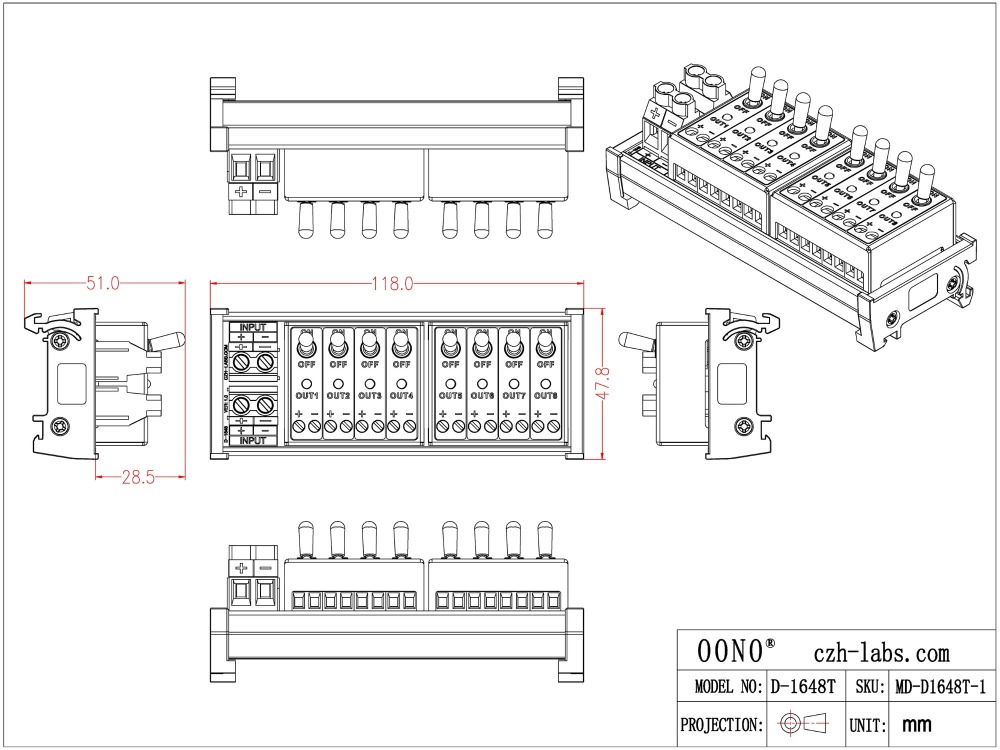 DC 8 Channel Toggle Switch Power Distribution Module, DIN Rail Mount