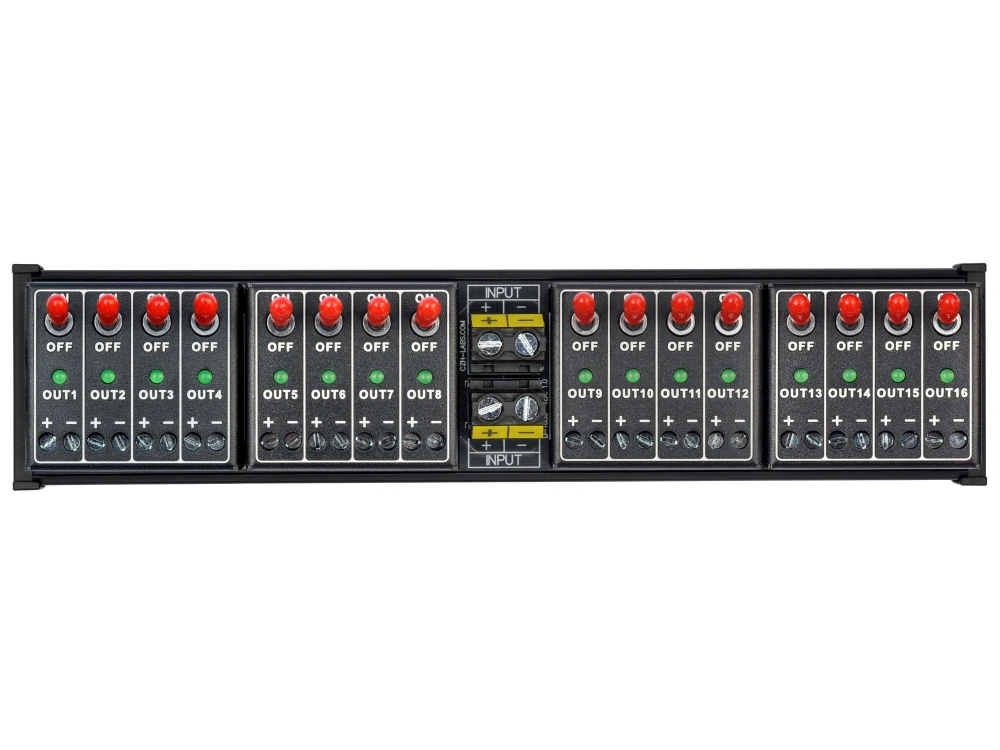DC 16 Channel Toggle Switch Power Distribution Module, DIN Rail Mount