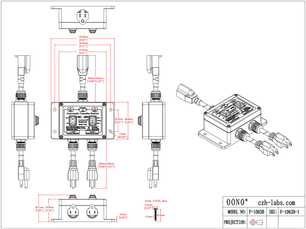 Manual and Automatic Transfer Switch, AC120V 15A NEMA 5-15P 5-15R, ATS Auto Transfer Switch