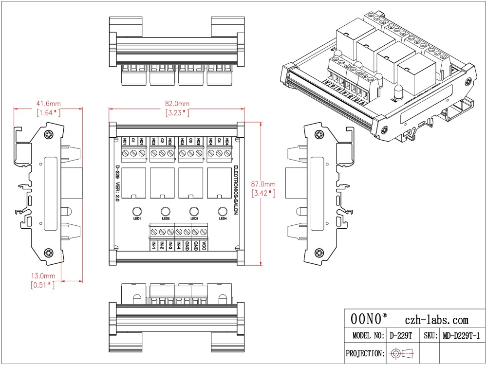 ELECTRONICS-SALON DIN Rail Mount 4 SPDT 10Amp Power Relay Interface Module, DC 12V Version.