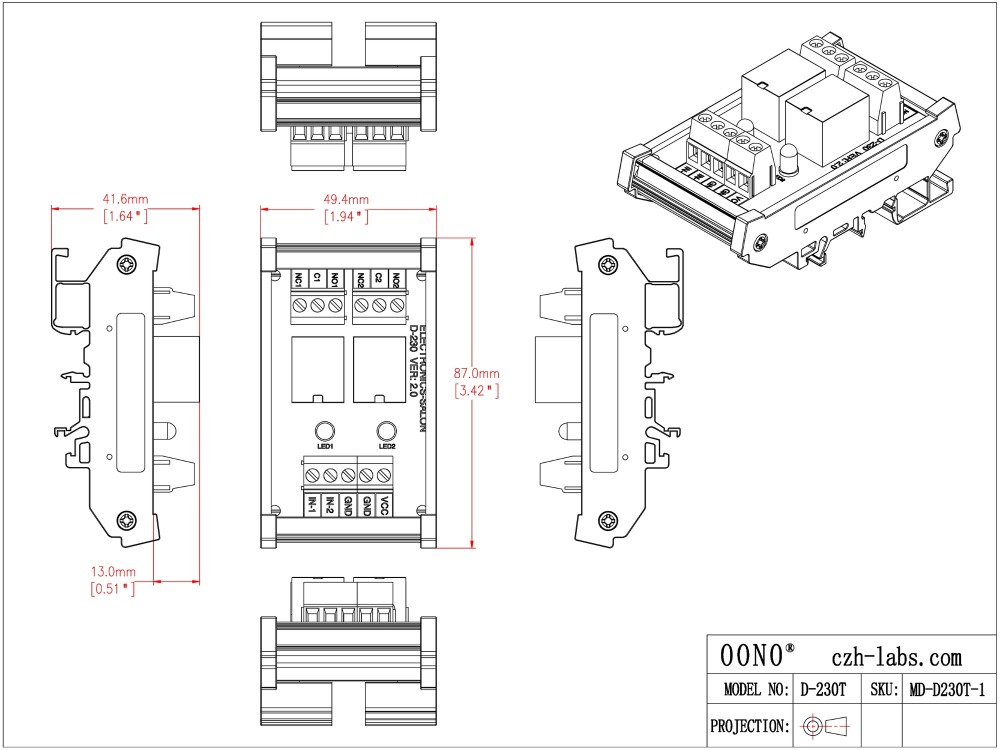 ELECTRONICS-SALON DIN Rail Mount 2 SPDT 10Amp Power Relay Interface Module, DC 24V Version.