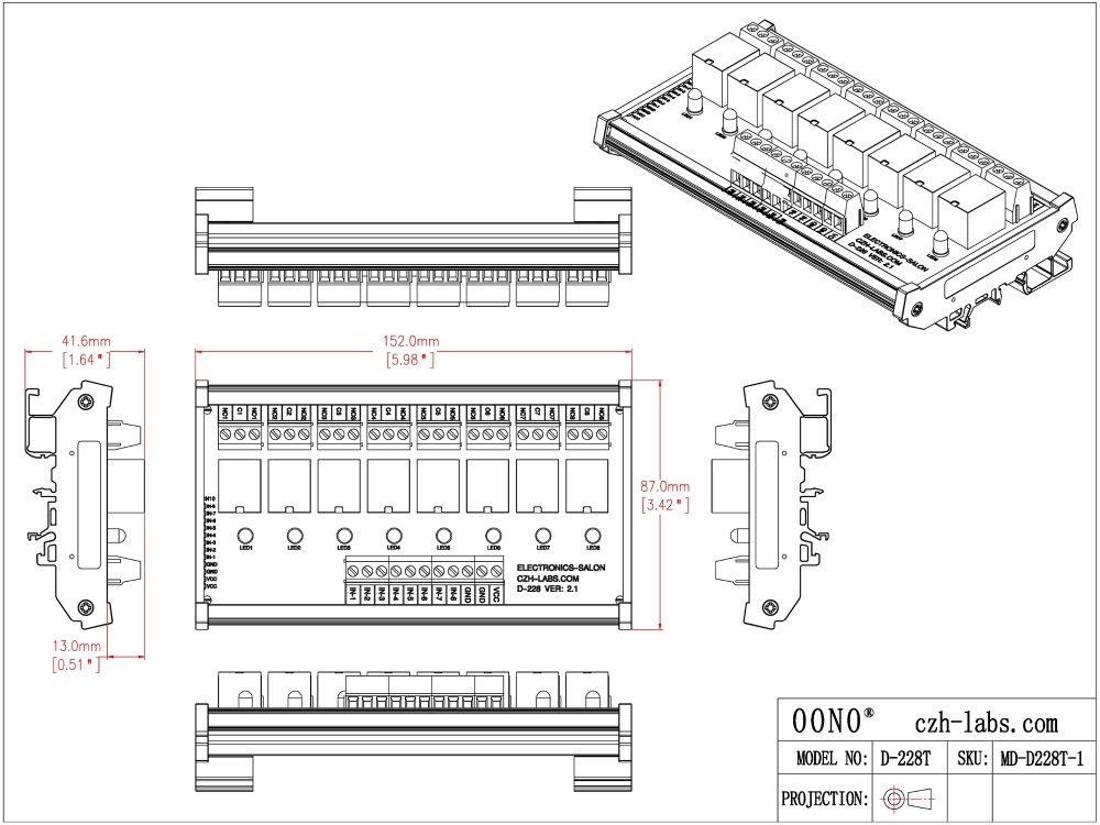 ELECTRONICS-SALON DIN Rail Mount 8 SPDT Power Relay Interface Module, 10A Relay, 24V Coil.