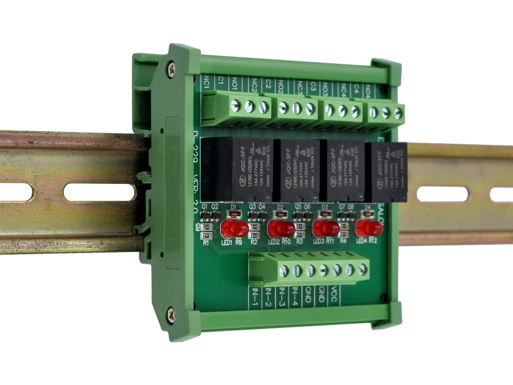 ELECTRONICS-SALON DIN Rail Mount 4 SPDT 10Amp Power Relay Interface Module, DC 12V Version.
