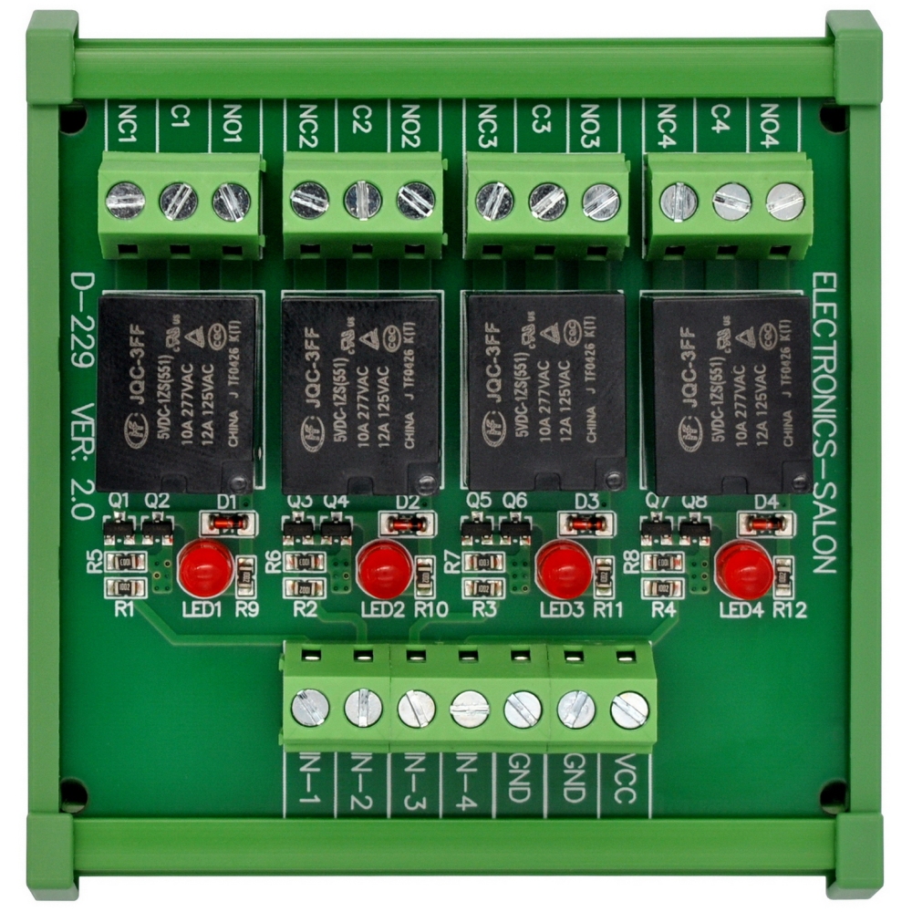 ELECTRONICS-SALON DIN Rail Mount 4 SPDT 10Amp Power Relay Interface Module, DC 5V Version.