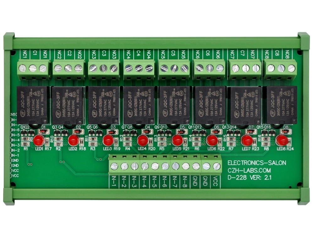 ELECTRONICS-SALON DIN Rail Mount 8 SPDT Power Relay Interface Module, 10A Relay, 24V Coil.