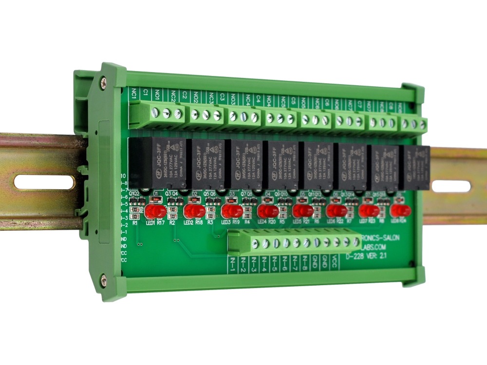 ELECTRONICS-SALON DIN Rail Mount 8 SPDT Power Relay Interface Module, 10A Relay, 24V Coil.
