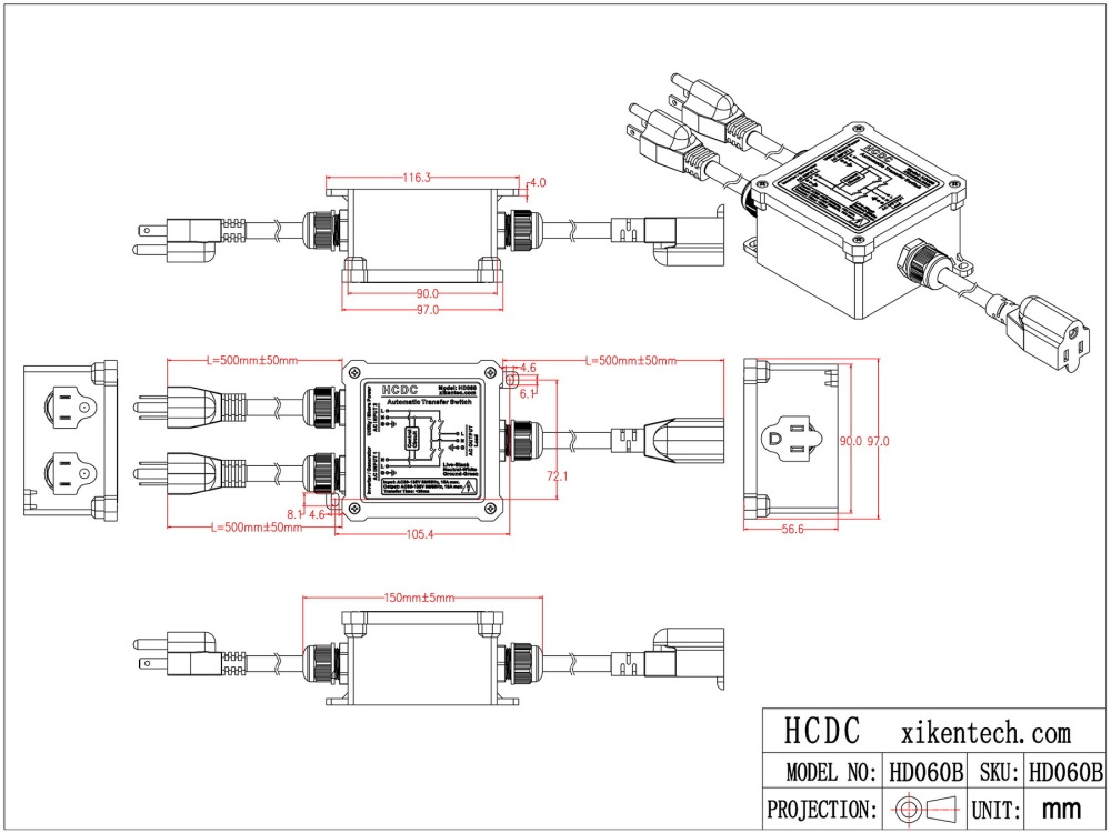 AC120V 15Amp Automatic Transfer Switch, ATS Auto Transfer Switch HCDC HD060B (NEMA 5-15P/R)