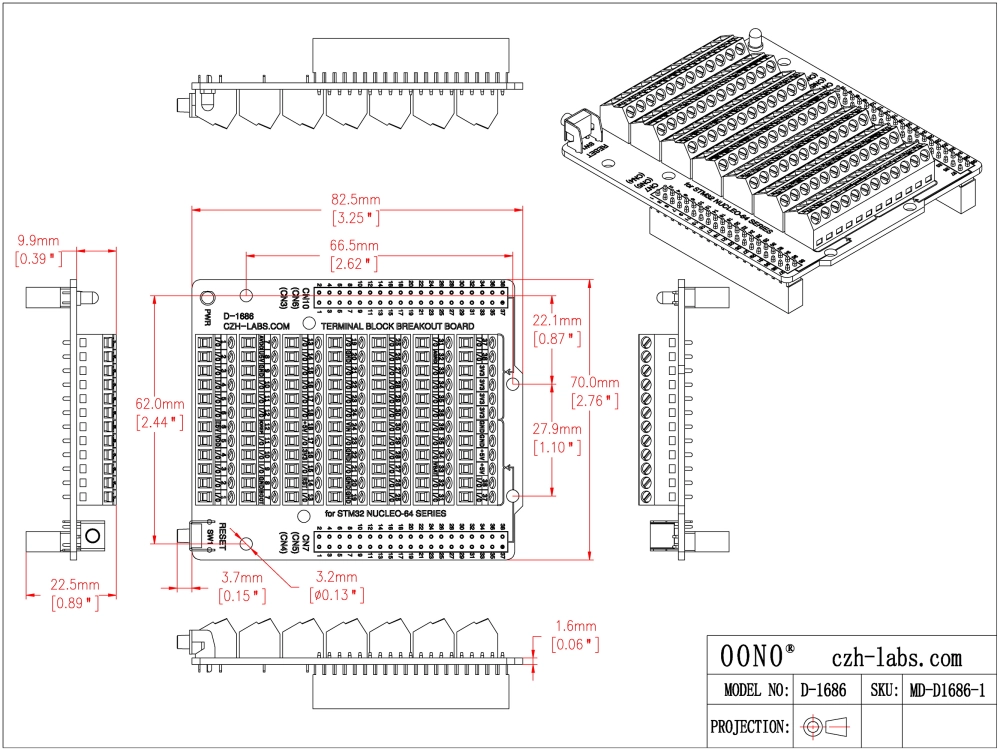 Top-mount Screw Terminal Block Breakout Board Module for STM32 Nucleo-64