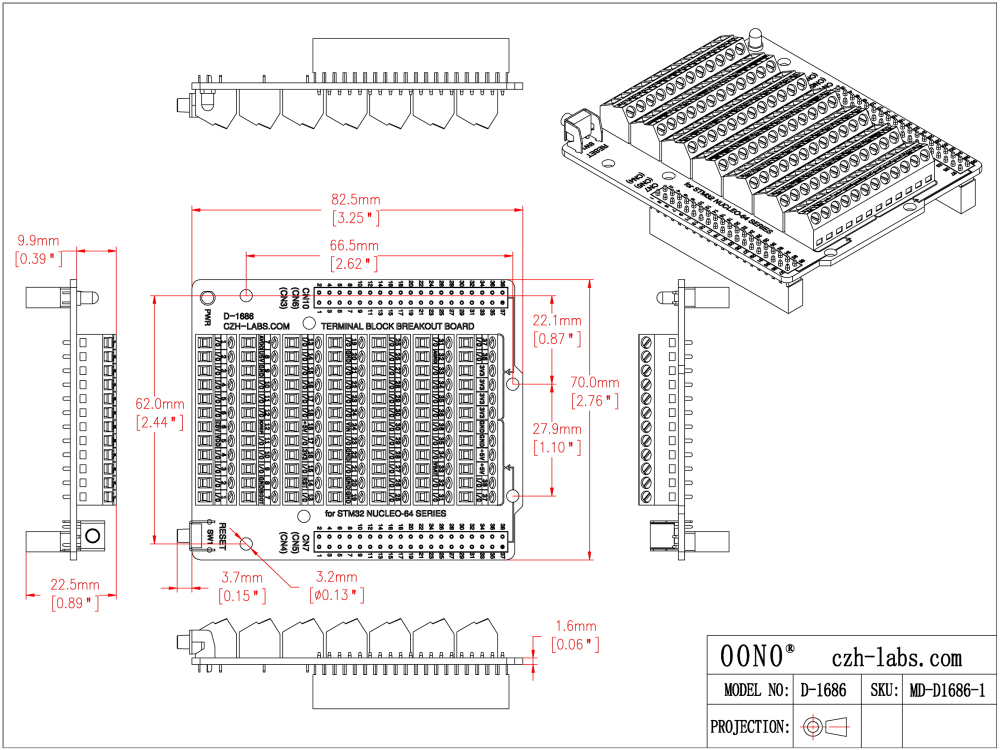 Top-mount Screw Terminal Block Breakout Board Module for STM32 Nucleo-64
