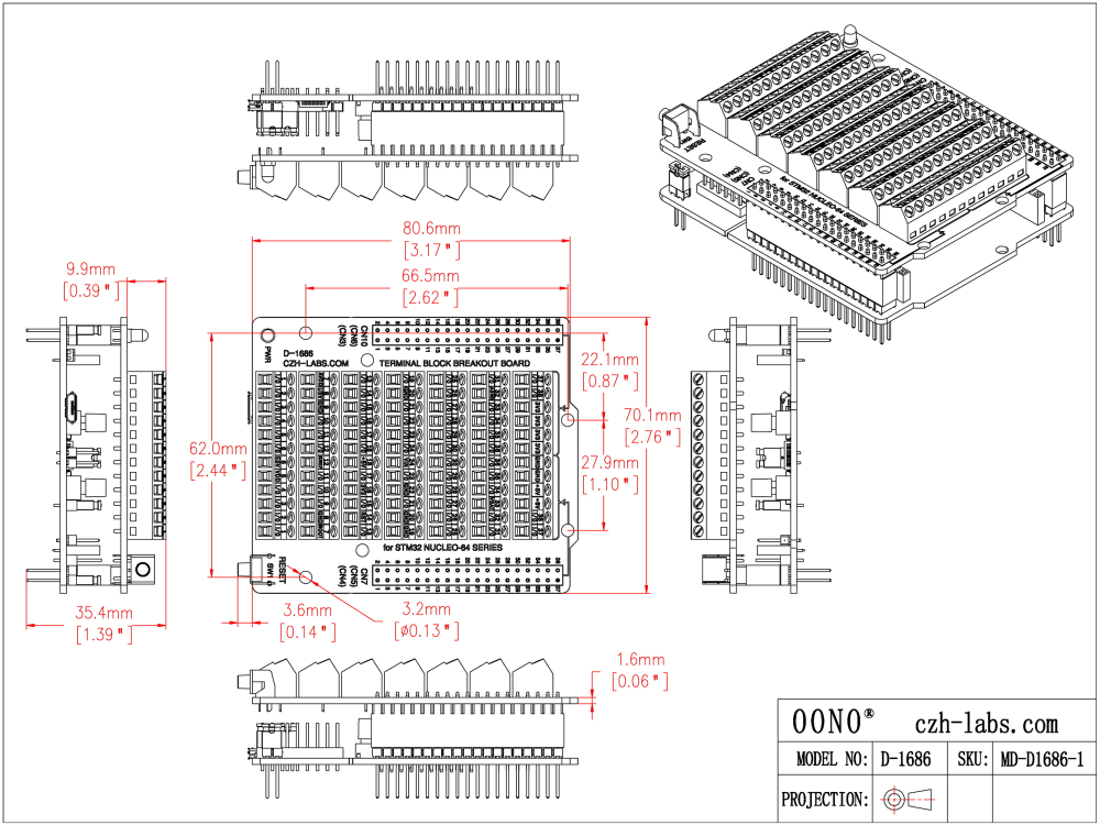 Top-mount Screw Terminal Block Breakout Board Module for STM32 Nucleo-64