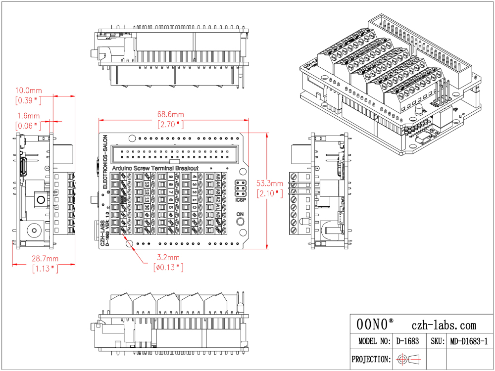 Screw Terminal Block Breakout Module for Arduino UNO R4 R3 R2 Zero, Electronics-Salon D-1683