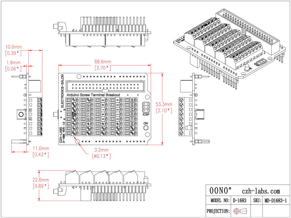 Screw Terminal Block Breakout Module for Arduino UNO R4 R3 R2 Zero, Electronics-Salon D-1683