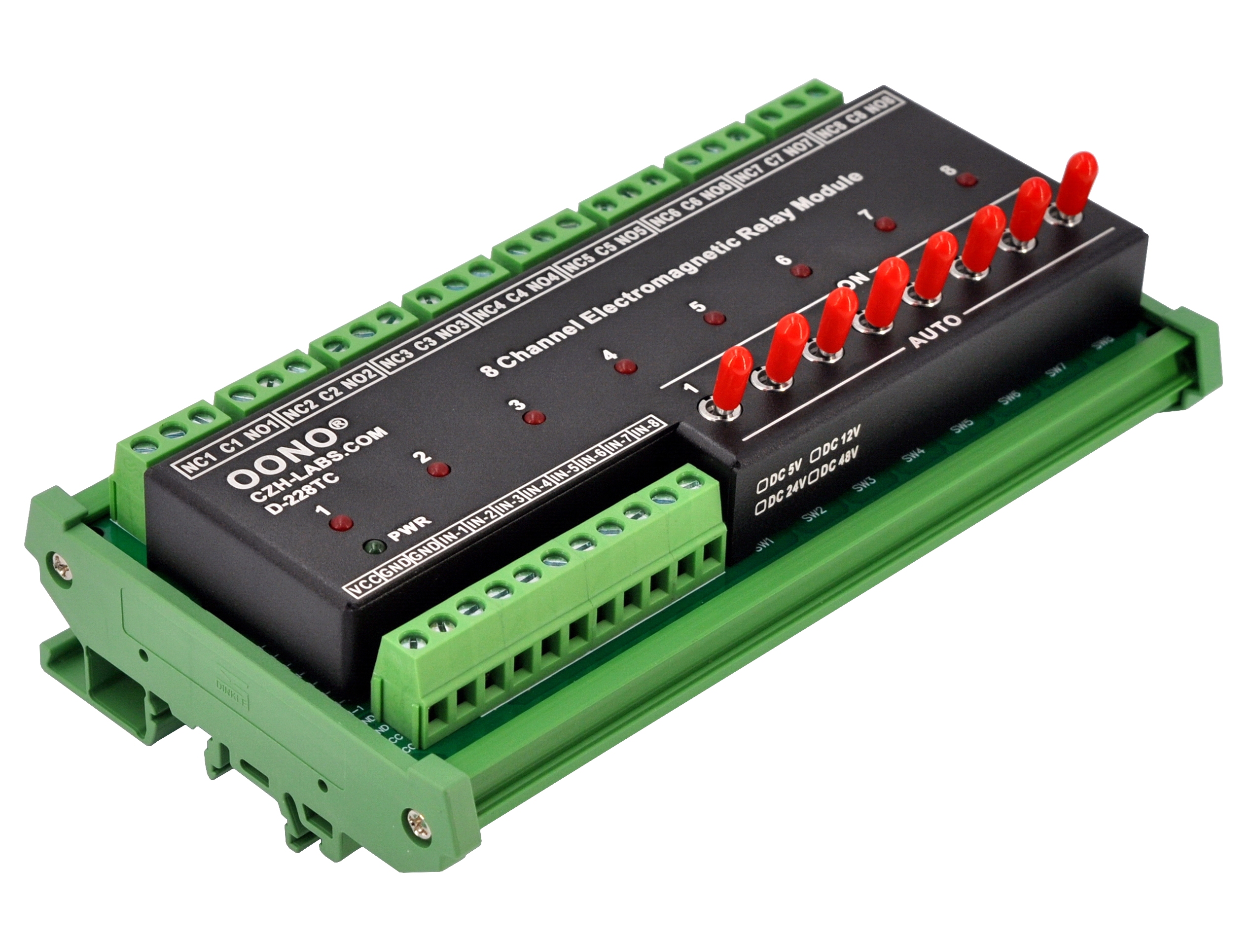 DC5V 8 Channel SPDT 10 Amp Power Relay Module, DIN Rail Mount, with Direct Control Switches