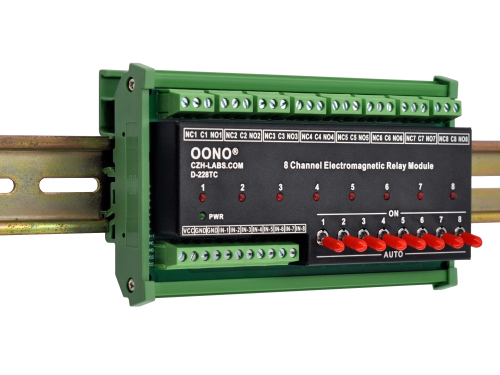 DC5V 8 Channel SPDT 10 Amp Power Relay Module, DIN Rail Mount, with Direct Control Switches