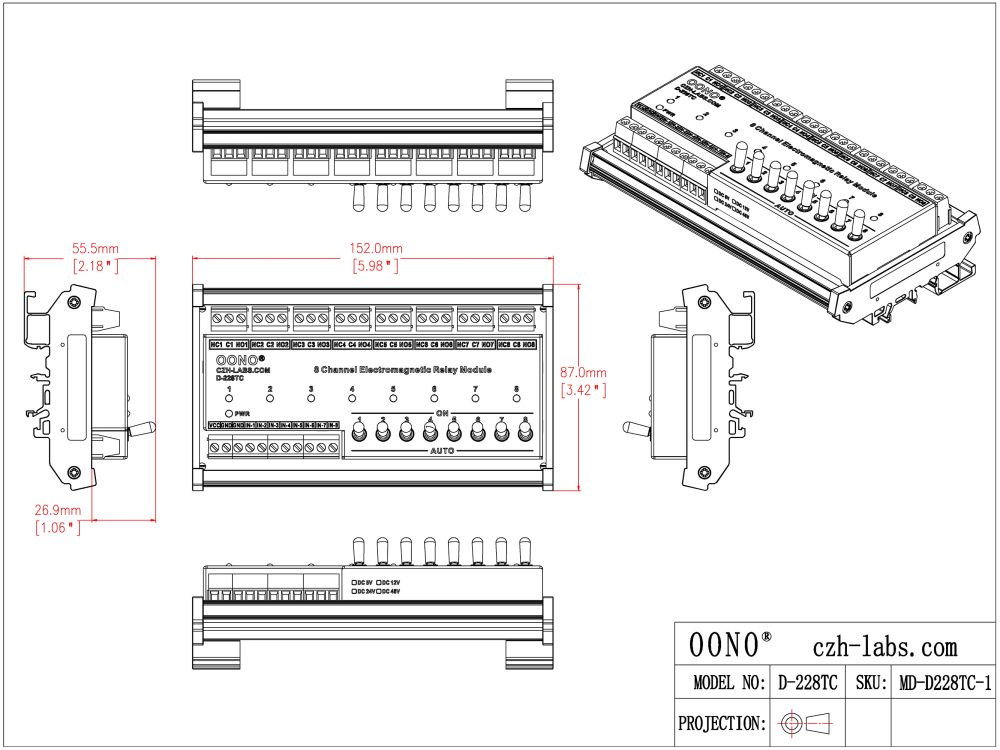 DC5V 8 Channel SPDT 10 Amp Power Relay Module, DIN Rail Mount, with Direct Control Switches