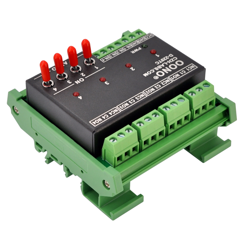 DC24V 4 Channel SPDT 10 Amp Power Relay Module, DIN Rail Mount, with Direct Control Switches