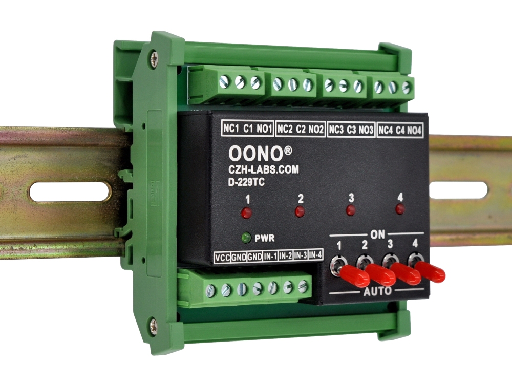 DC5V 4 Channel SPDT 10 Amp Power Relay Module, DIN Rail Mount, with Direct Control Switches